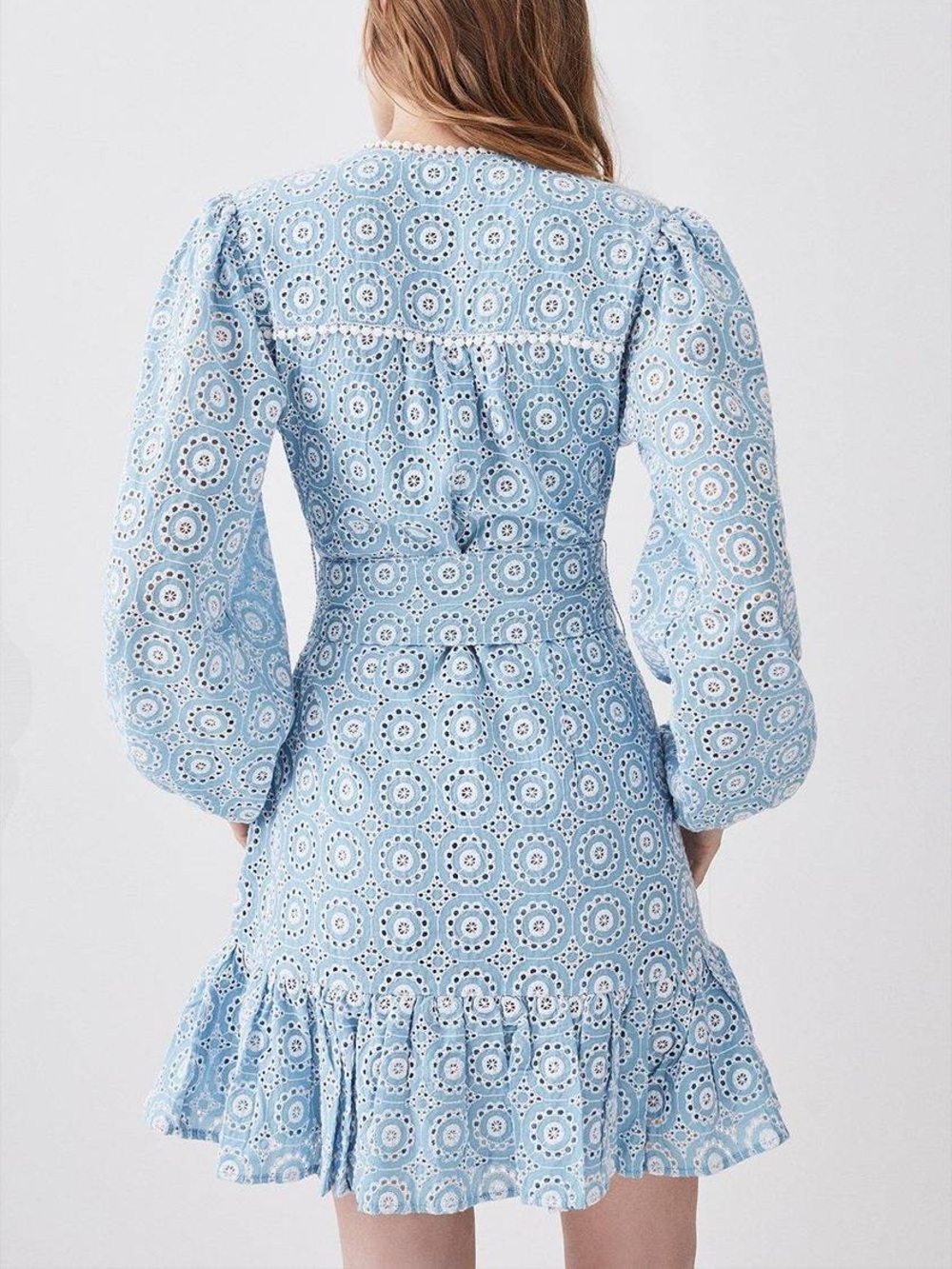 Karen Millen Broderie Cotton Wrap Mini Dress Light Blue Eyelet Dress - Picture 2 of 16
